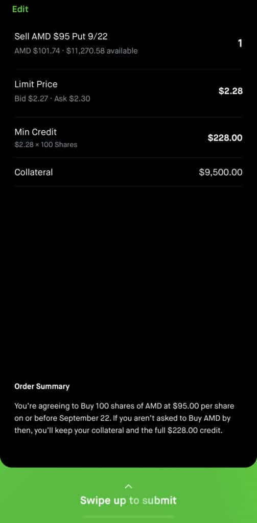 Cash Secured put on Robinhood Final Step